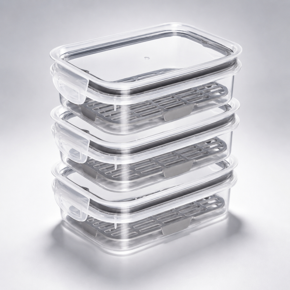 Kit 3 Potes Hermético Porta Frios Com Travas Cesto Escorredor 500 ML Frutas Vegetais Alimentos