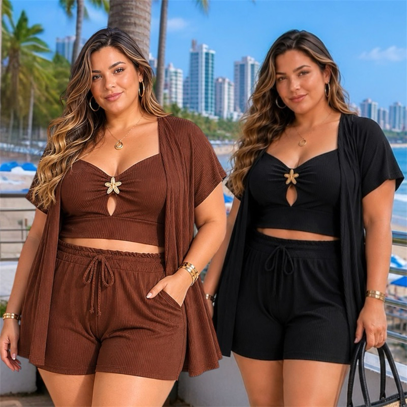 Conjunto 3 peças plus size feminina top + kimono e short  tam único do 46ao50