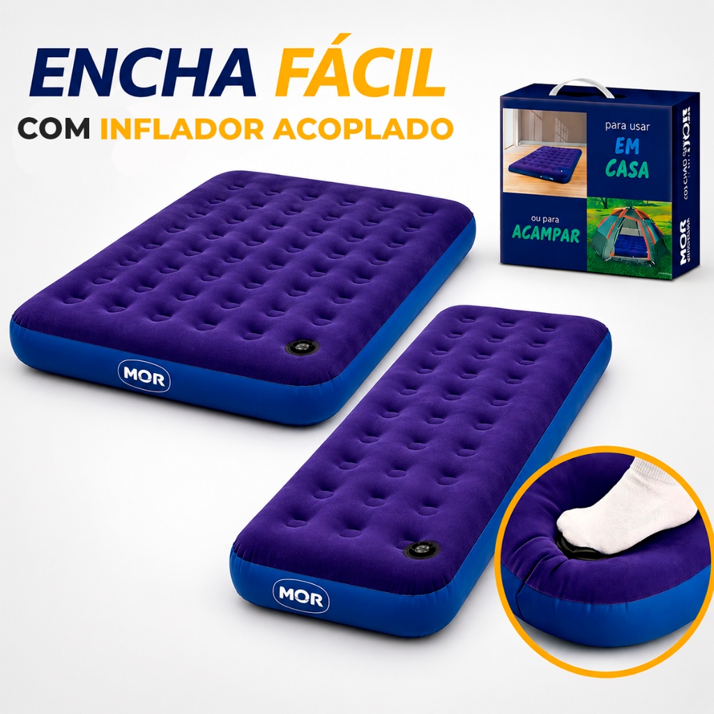Colchão de Casal e Solteiro Inflável Inflador Acoplado Uso Fácil Resistente Aveludado Portátil MOR