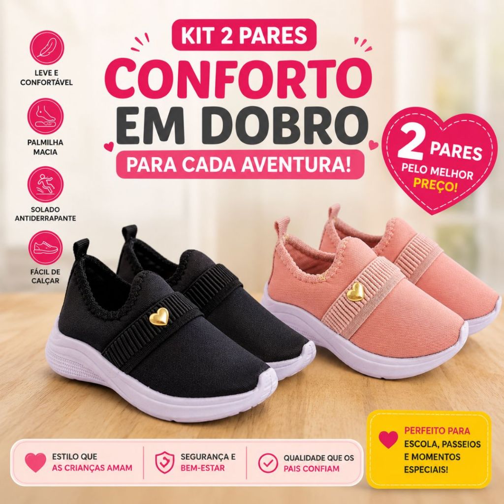 Kit 2 Pares Tênis Feminino Calce Fácil Infantil Menina Leve e Confortável Casual Promoção Dia Dia