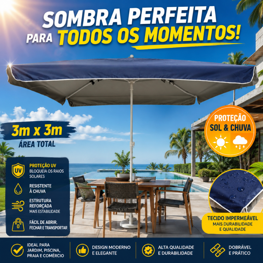 Guarda Sol Quadrado 3Mx3M Aberto Reforçado Contra Uv Para Praia Jardim Casa