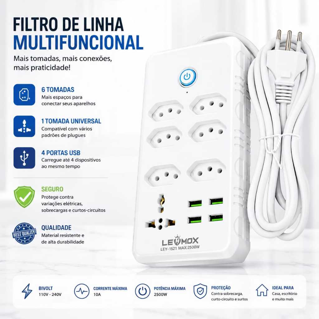 Régua Filtro de Linha com 6 Tomadas Extensão Elétrica 1 Universal 4 USB Bivolt 10A 110v/220v