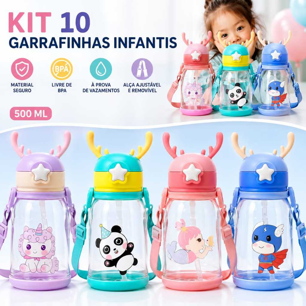Kit 5 - Kit 10 Garrafa De Alce Água Infantil Criança Portátil Com Canudo Desenho para Meninos 600ML