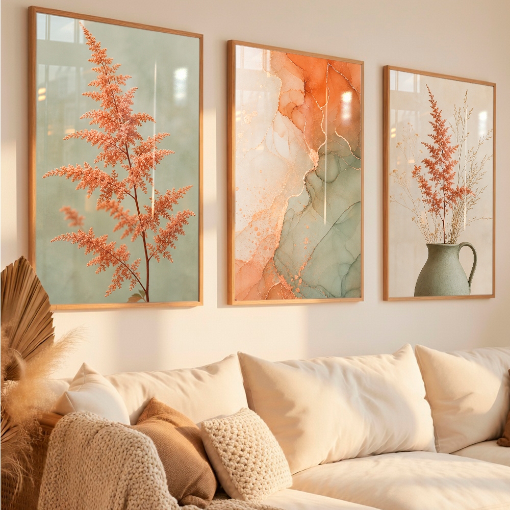 Trio de Quadros Decorativos Folhagem Terracota e Verde Oliva Mármore Decoração Elegante Sala Quarto