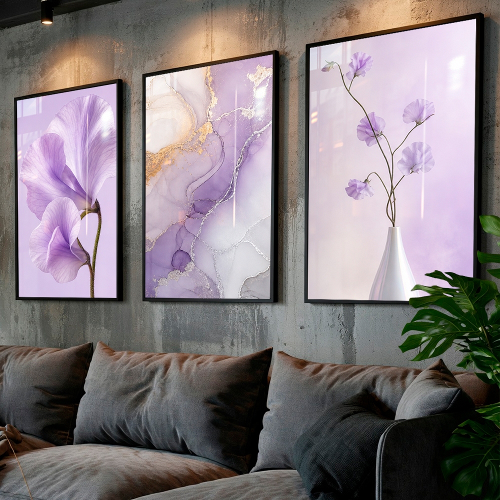 Kit 3 Quadros Decorativos Floral Lilás Mármore Delicado Moderno Sala Quarto Decoração Luxo
