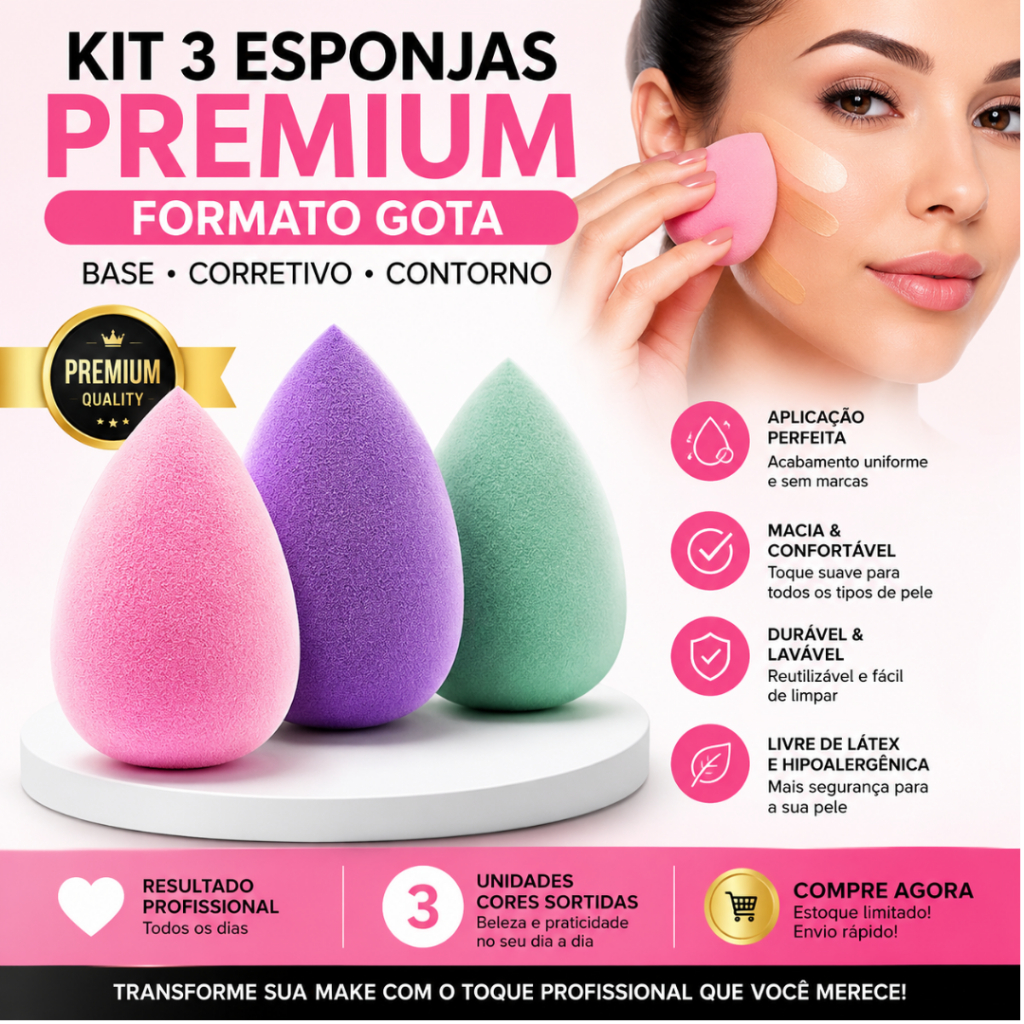 Kit 3 Esponjas de Maquiagem Gota Coxinha Para Base Corretivo Pó Acabamento Profissional Macia Reutilizável