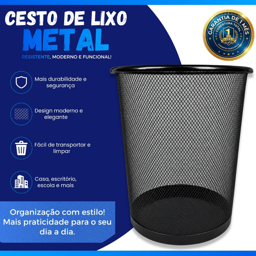 Lixeira De Metal 10 Litros Aramado Cesto Lixo Reforçado Para Escritorio Casa Quarto