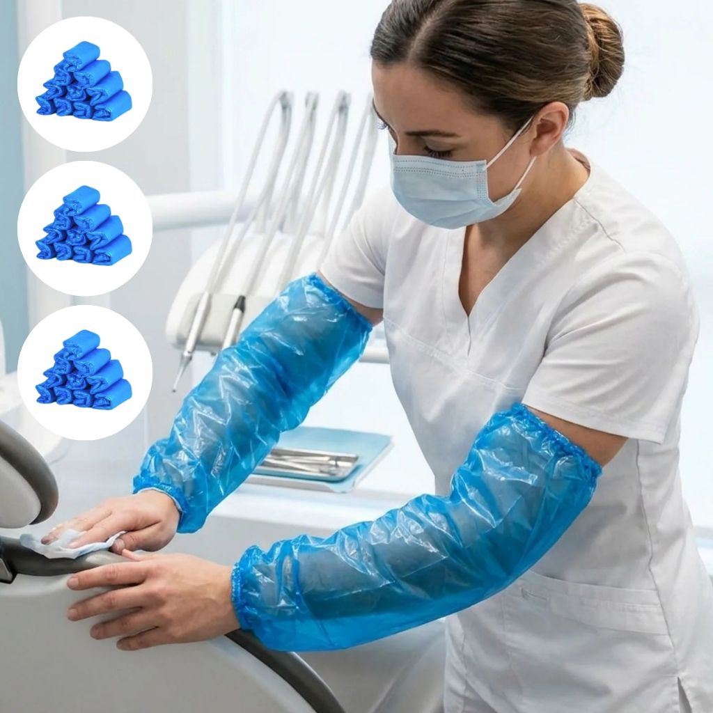 Kit 300 Mangote Manga Manguito Plástico Impermeável Descartável Com Elástico Azul Uso Profissional
