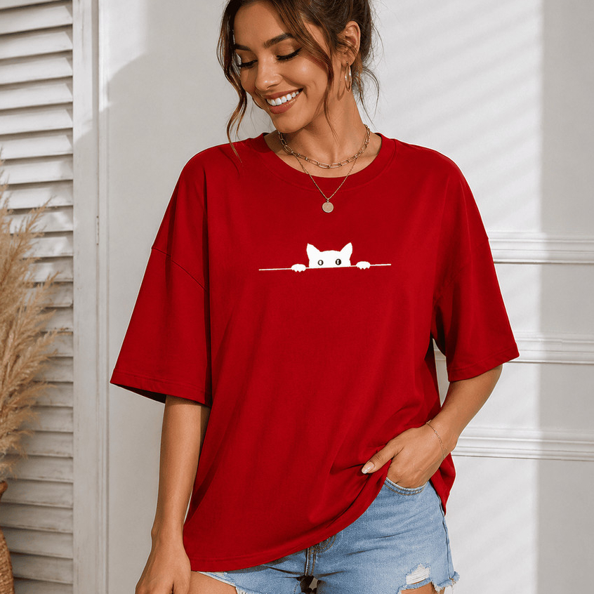 Camiseta Oversized Feminina Gatinho Fofo Estampada 100% Algodão Ombro Caído Casual Confortável Moda Streetwear Trendy