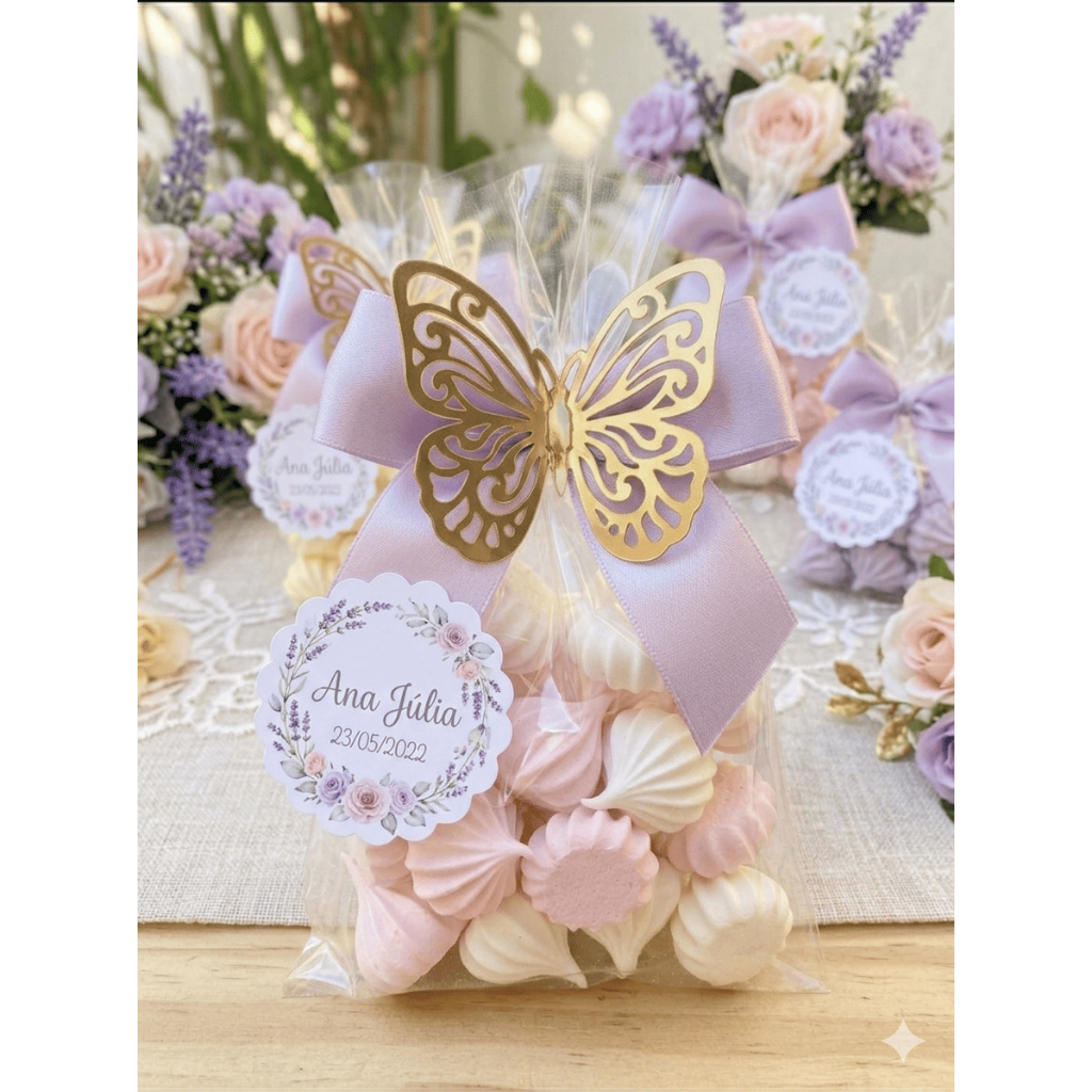 Laço + Aplique Borboleta Luxo e Tag Personalizada | Kit Luxo Lembrancinha Chá de Bebê | Maternidade | Aniversário