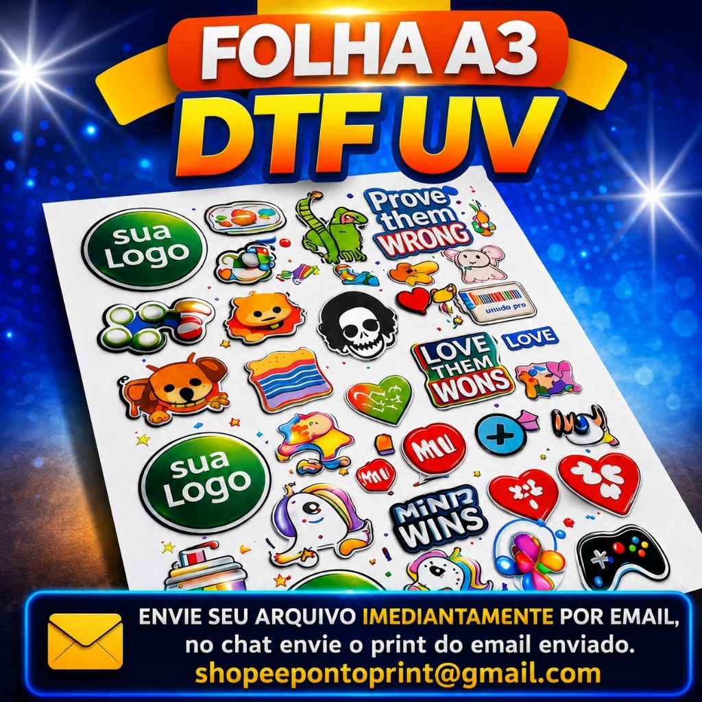 Adesivo DTF UV A3 | Alta Qualidade | Pronto para Aplicar - ENVIAR ARQUIVO NO EMAIL