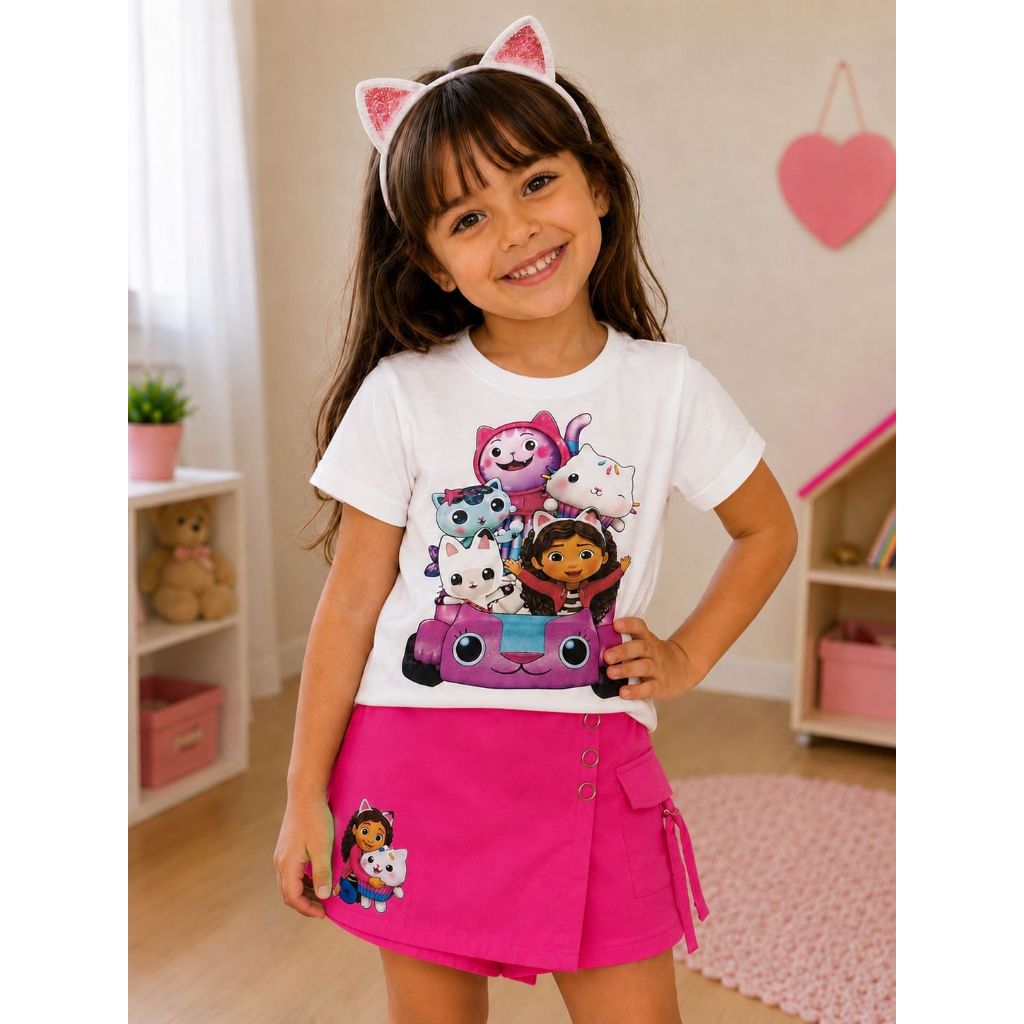 Roupa Infantil A Casa Mágica da Gabby - Camiseta e Saia Shorts - Menina Blogueirinha - Roupa de Personagens