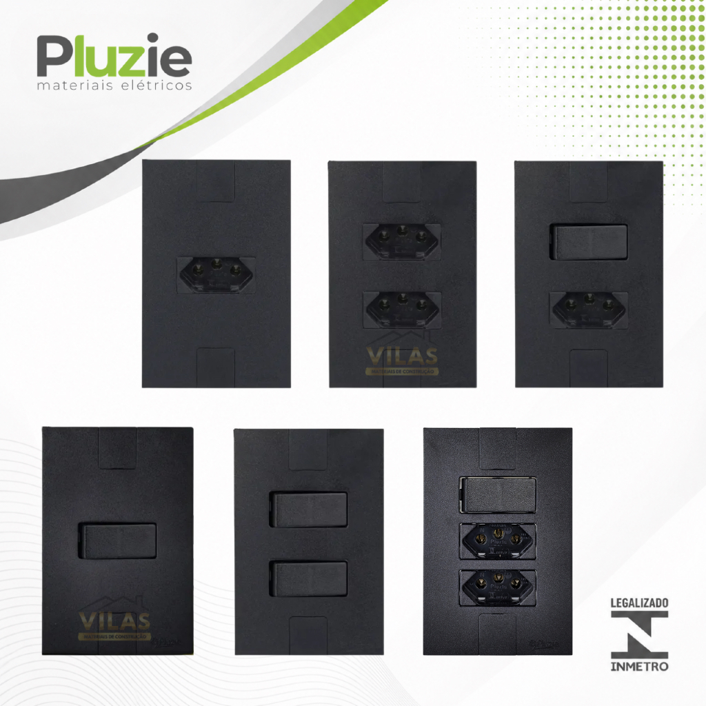 Tomada 10 e 20A e interruptor 6A apagador de luz preto fosco new caprice linha moderna parafusos ocultos modular Pluzie