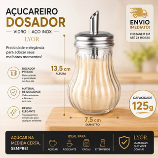 Pote Açucareiro de Vidro Porta Açucar Tampa Lyor Vedante Inox Servir mesa cafe bar restaurante