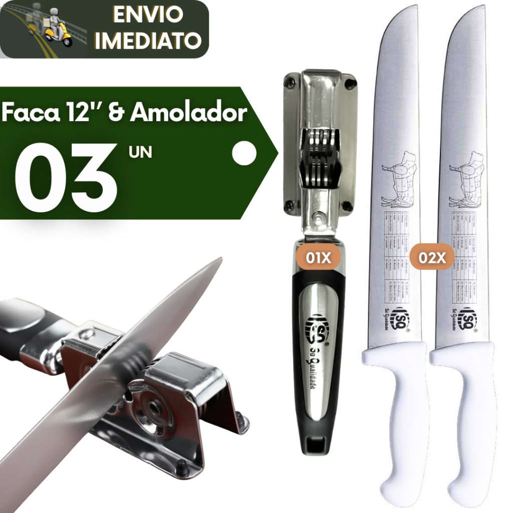 Kit 03 Faca Profissional 12" Aço inox Corte Carne e Afiador Metal Amola Amolador Churrasco Cozinha