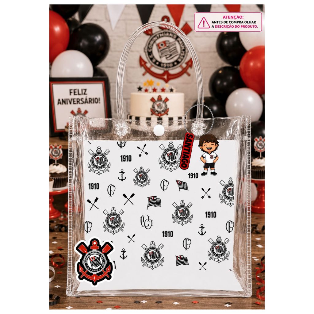 Lembrancinha Aniversário Corinthians | Kit Fundo e Tag e  Personalizados para Sacola Transparente | Sacola Não Inclusa