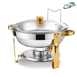 YESOP Rechaud Redondo Aço Inox Dourado 5 Litros com Tampa de Vidro Para Buffet e Festas Quente Frio