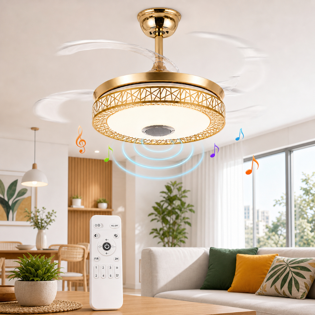 Lustre Ventilador de Teto Retrátil LED 4 Pás Controle Remoto Com Música e caixa de Som - Bivolt
