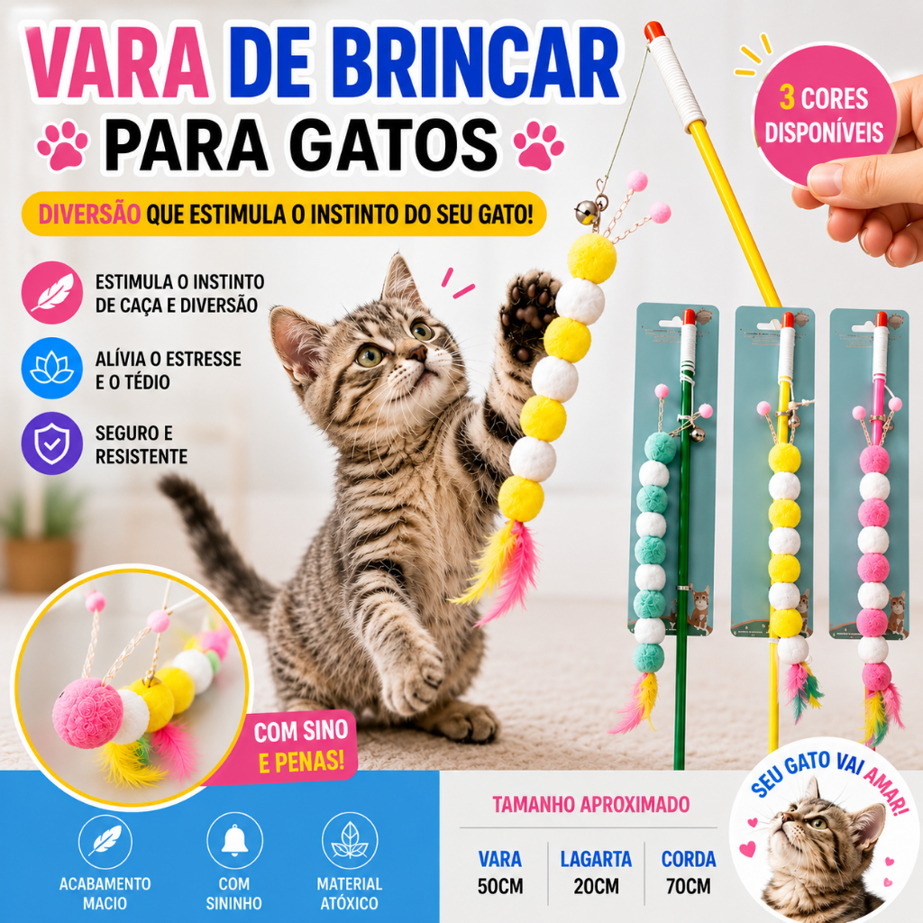 Vara Para Gato Com Lagarta Brinquedo Interativo Pet Vara de Pesca com Sino e Penas Cor Sortida