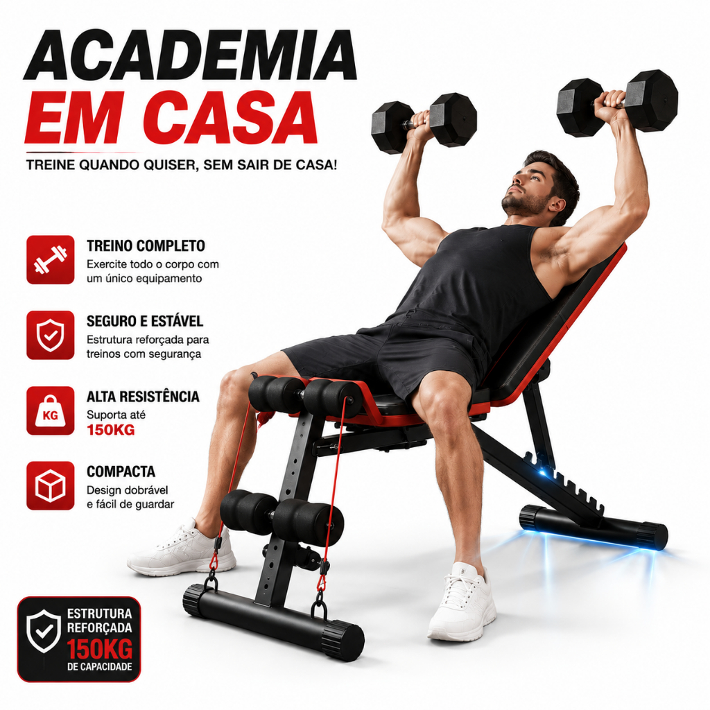 Banco de Supino Ajustável Multifuncional 450kg 7 Posições Treino Completo Academia em Casa com Elásticos
