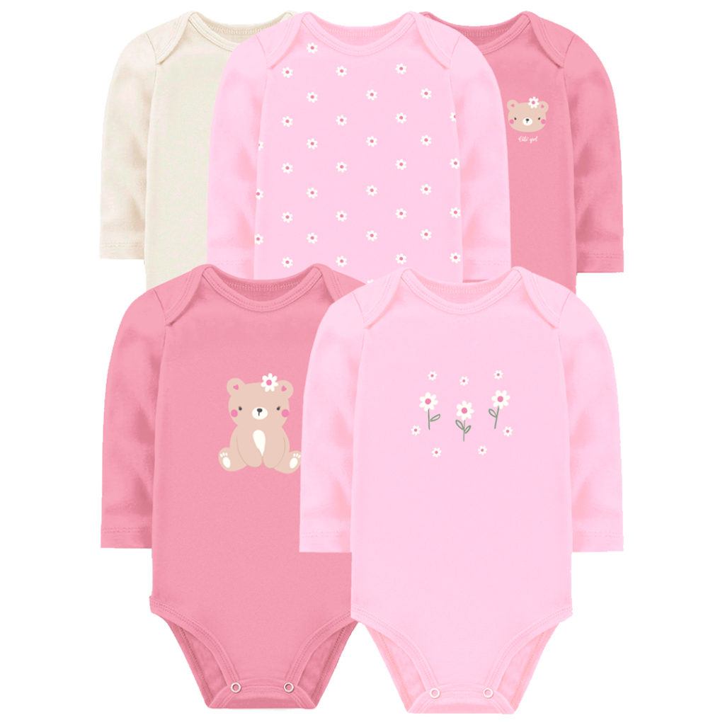 Kit 5 Peças Body Algodão Roupa Infantil Bebê Menina 5 Bodies Manga Longa