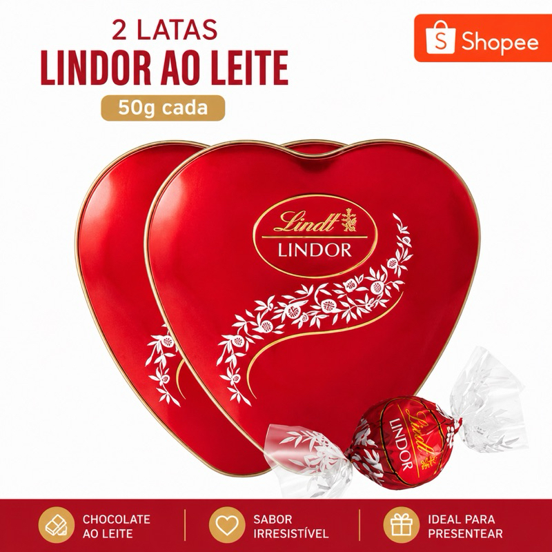 Bombom de Chocolate Suico Lindt Lindor, 2 Latas Coracao 50g