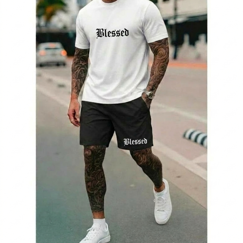 Kit Conjunto Masculino Blessed Camiseta E Shorts Casual Estiloso  Para Lazer Academia Atividades Ar Livre 10