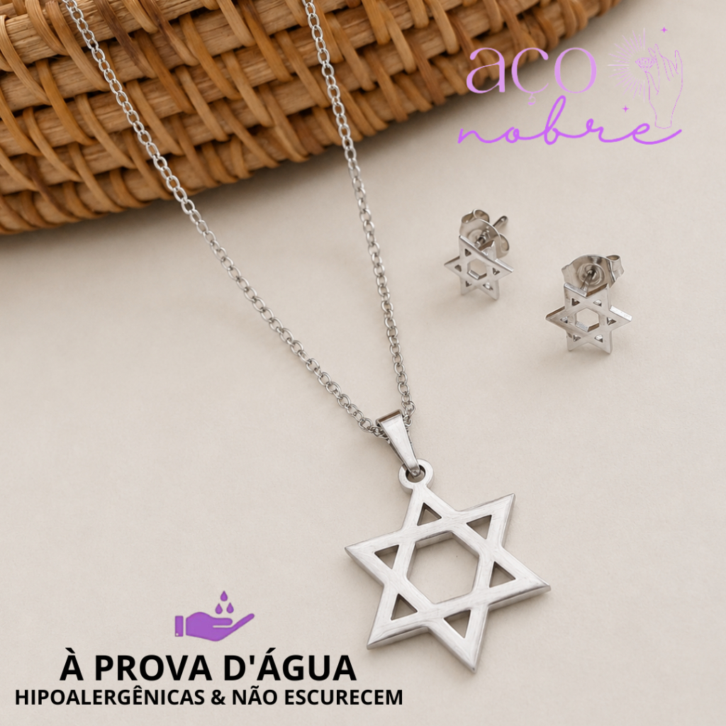 Conjunto Estrela De Davi Aço Inox Colar Judaismo Hipoalergênico Kit Unissex Delicado Brinco Israel