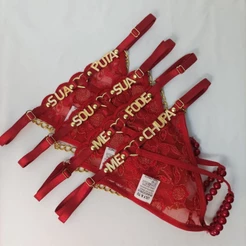 Calcinha Tailandesa Sensual Tule Transparente Personalizada com Letras Corrente Ajustável Lingerie Feminina Sexy