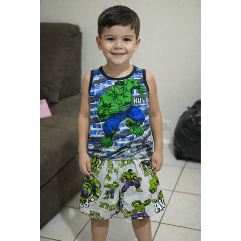 💚💪🏖️ Conjunto Regata Hulk Conjunto Infantil Hulk Masculino Regata e Bermuda Menino