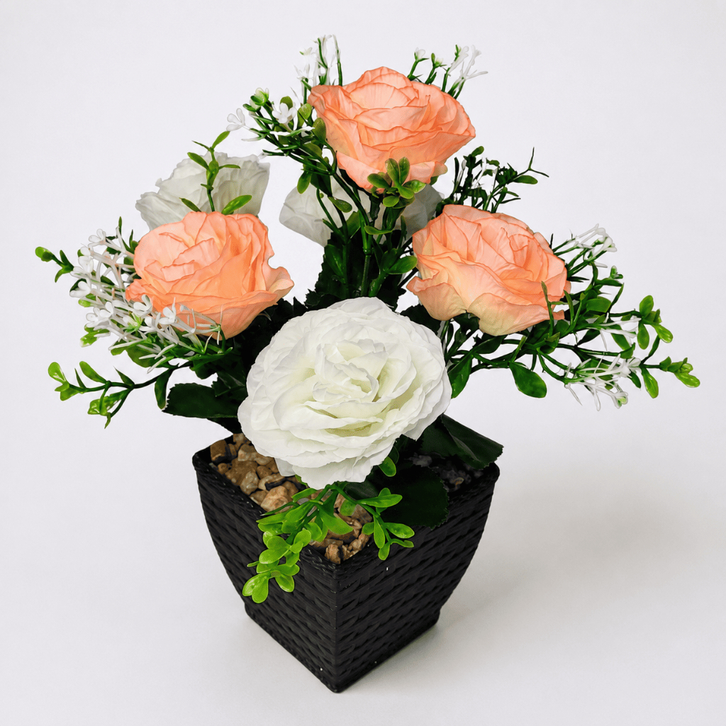 Arranjo De Rosas Artificiais Salmão E Branco Vaso Preto Para Sala Quarto Escritório Mesa Casa E Lar