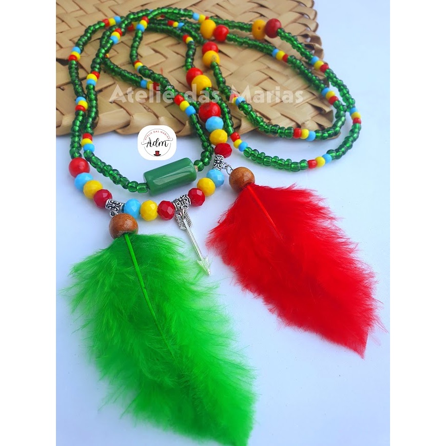 Guia Cabocla Jurema/Cabocla Povo das matas Fio de contas Umbanda e Candomblé com Penas Vermelha e Verde e Flecha