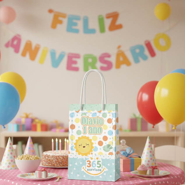 Sacolinha (M) | Sacola 365 Sorrisos Azul Menino l Personalizada |Lembrancinha de Aniversário | PEGUE E MONTE