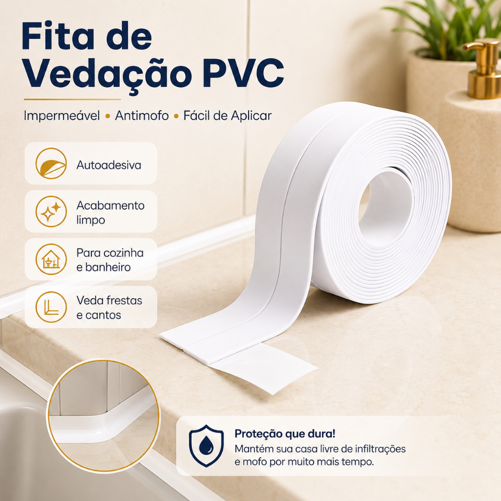 Fita Veda Junção PVC Impermeável Antimofo Autoadesiva, Substitui Silicone para Pia, Banheiro e Cozinha
