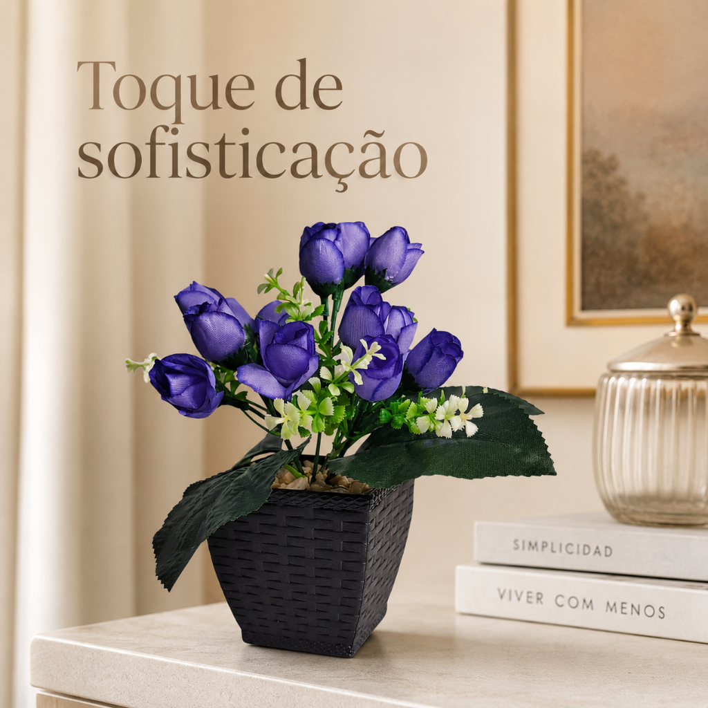 Rosas Artificiais Violetas 18cm Com Vaso Decorativo Para Sala Quarto Escritório Mesa E Presente Lar