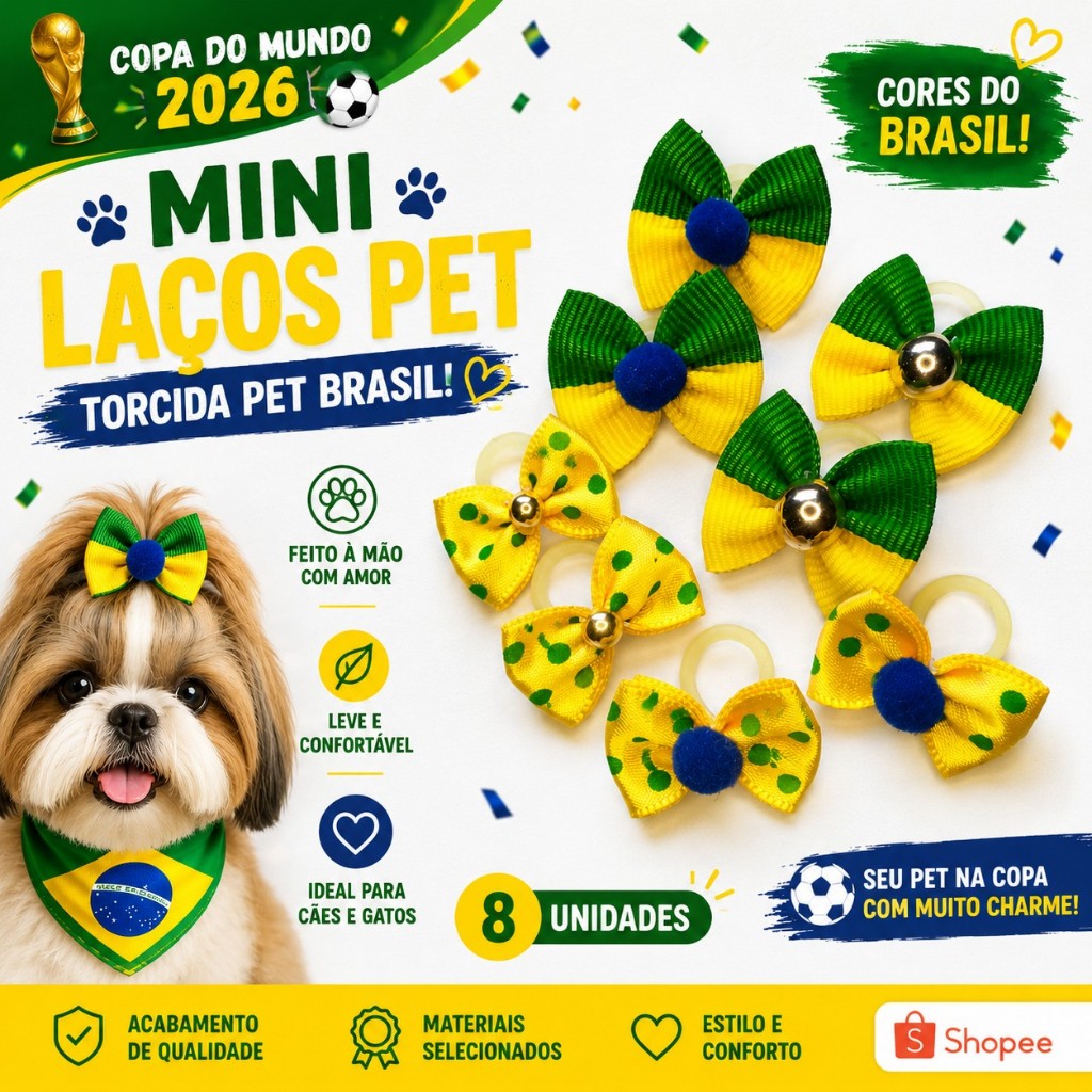 Mini laço Pet Copa do Mundo Futebol Brasil tamanho 2,5 cm - 8 unidades