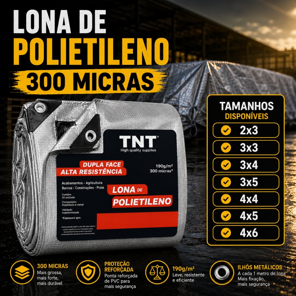 Lona EXTRA FORTE 300 Micras 3x2 3x3 3x4 3x5 4x4 4x5 4x6 Ilhós Reforçado Dupla Face TNT
