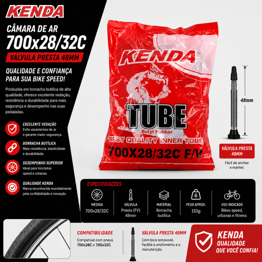 CÂMARA DE AR KENDA 700X28/32C VÁLVULA PRESTA 48MM PARA BIKE SPEED