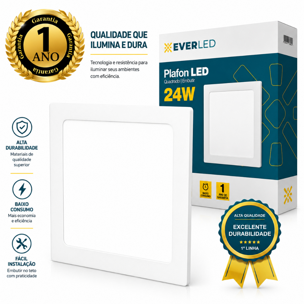 Luminária Painel Plafon LED Branco Frio 6500K 24w Quadrado Embutir 30x30cm