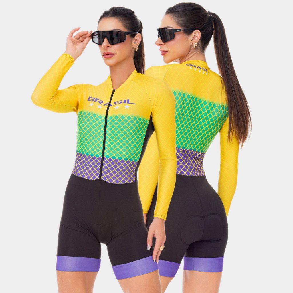 Macaquinho Macacão Ciclismo Feminino Brasil Manga Longa Roupa UV Bike Pedal MTB Speed