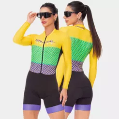 Macaquinho Macacão Ciclismo Feminino Brasil Manga Longa Roupa UV Bike Pedal MTB Speed