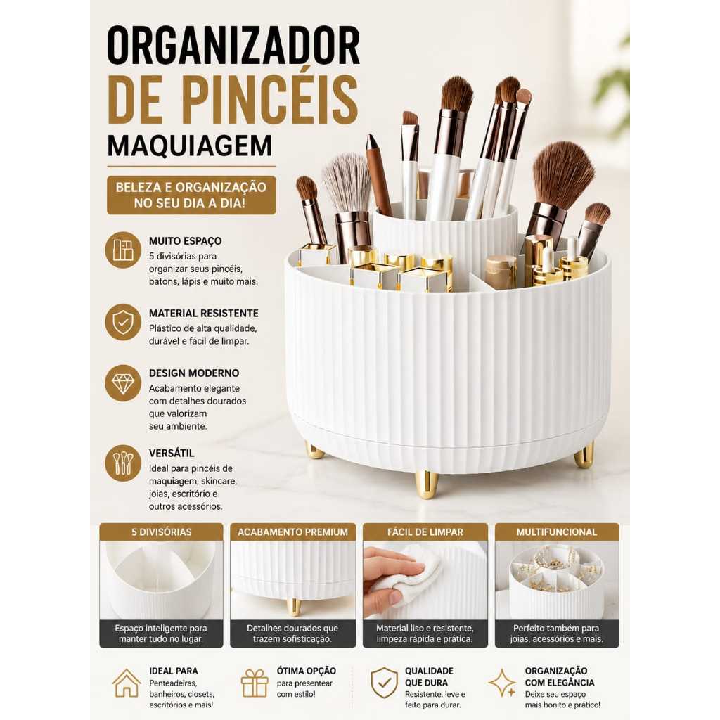 Organizador de Maquiagem Giratório Porta Pincéis 360° Multifuncional Porta Cosméticos Bancada Penteadeira Banheiro