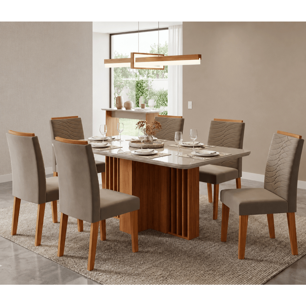 Conjunto Sala de Jantar Mesa Isadora 180cm com Tampo de Vidro 6 Cadeiras Clarice Cimol