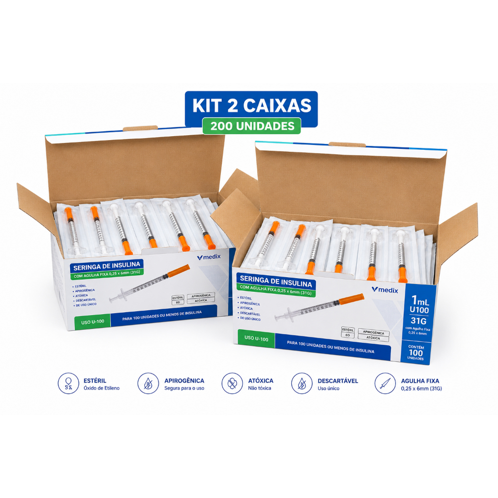 Kit 2 Seringas de Insulina 1ml U100 31G com Agulha Fixa 0,25x6mm – 200 Unidades