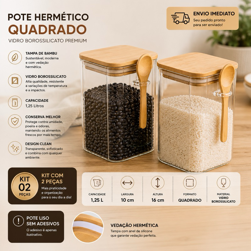 Pote Hermético 1 ou Kit 2 Pote Hermético Vidro Borossilicato Canelado com Colher e Tampa 1,25L