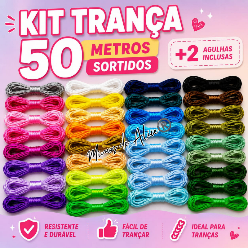 50 mts Fio para trança trancista fio de cetim coloridos + Agulhas plástica + Anéis Reguláveis