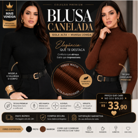 Blusa Feminina Manga Longa Gola Alta Básica Moda Inverno  frio + Brinde 🎁
