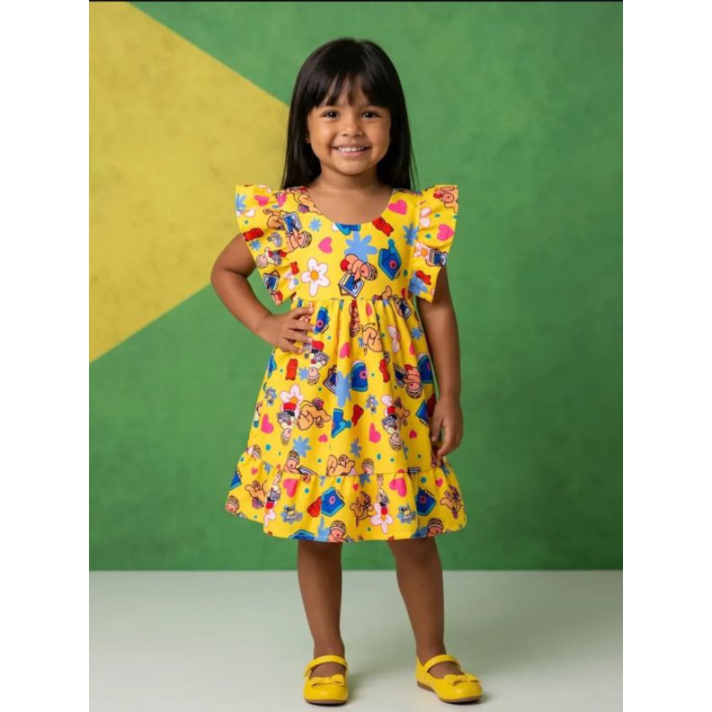 Vestido Infantil Brasil Copa Feminino Roupa  Amarelo Menina