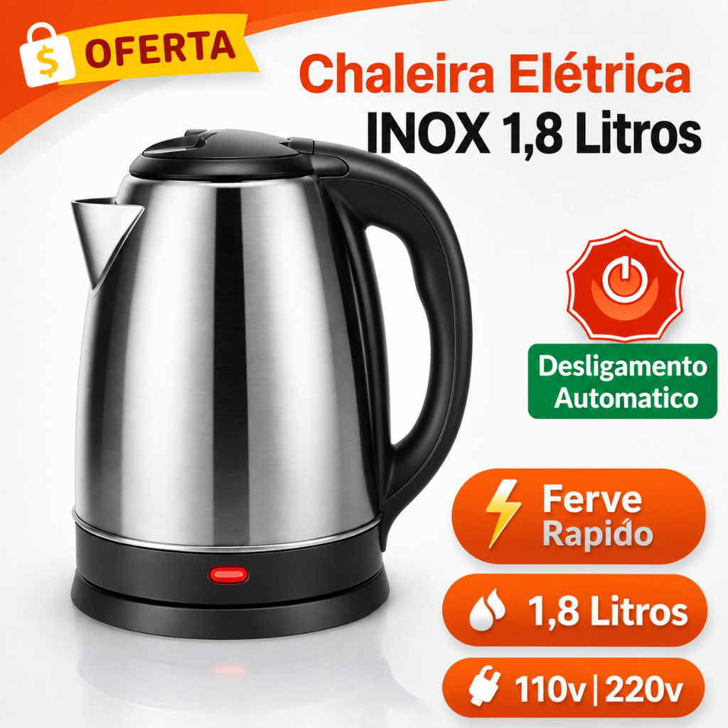 Chaleira Elétrica Inox 1,8L 1500W/1000W Ferve Rápido Desligamento Automático