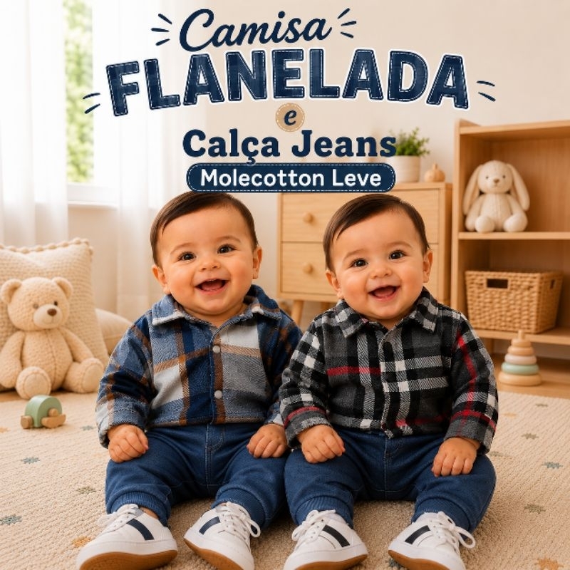 Conjunto Bebê Menino Camisa Flanelado Xadrez e Calça Jeans Molecotton Leve